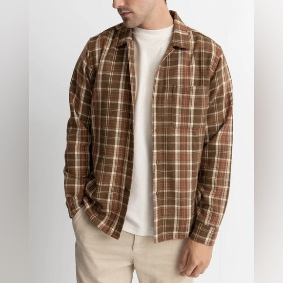 Rhythm Mens Flannel LS Shirt in Chocolate size Small - Picture 1 of 13